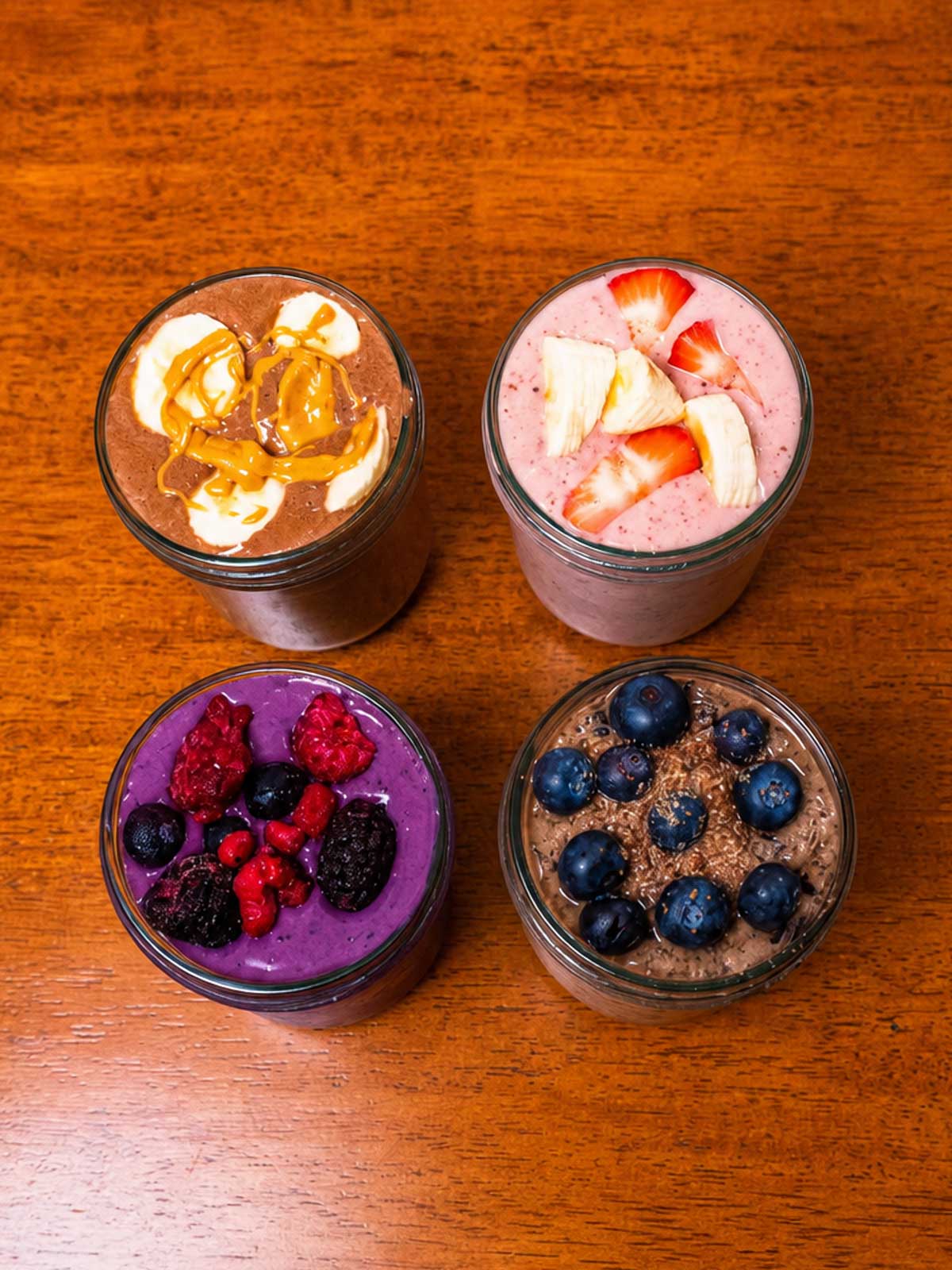 4 high protein smoothies hero shot &ndash; colorful healthy breakfast smoothie recipes with fresh fruit