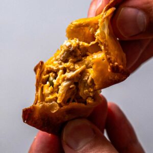 Air fryer buffalo chicken wontons recipe card &ndash; air frying instructions and nutrition facts for appetizer