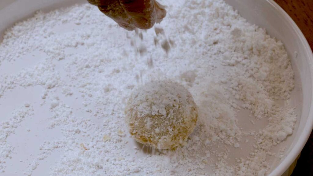 Almond flour wedding cookies broken open &ndash; high-protein cottage cheese cookie interior