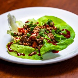 Asian lettuce wraps recipe card &ndash; high protein low carb meal with ground turkey and crisp lettuce cups
