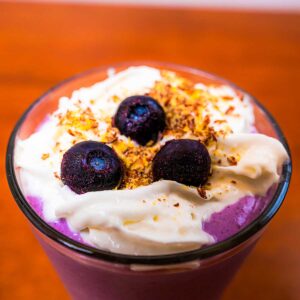 Blueberry cheesecake protein smoothie recipe card &ndash; high-protein breakfast smoothie recipe