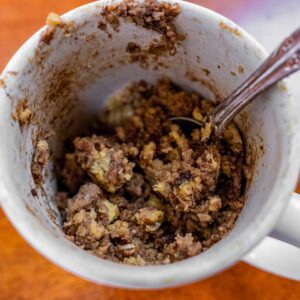 Chocolate chip banana protein mug cake recipe card &ndash; single serving high-protein dessert