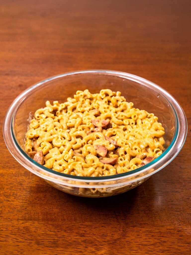 Cottage cheese mac and cheese finished in baking dish &ndash; easy high-protein comfort food recipe