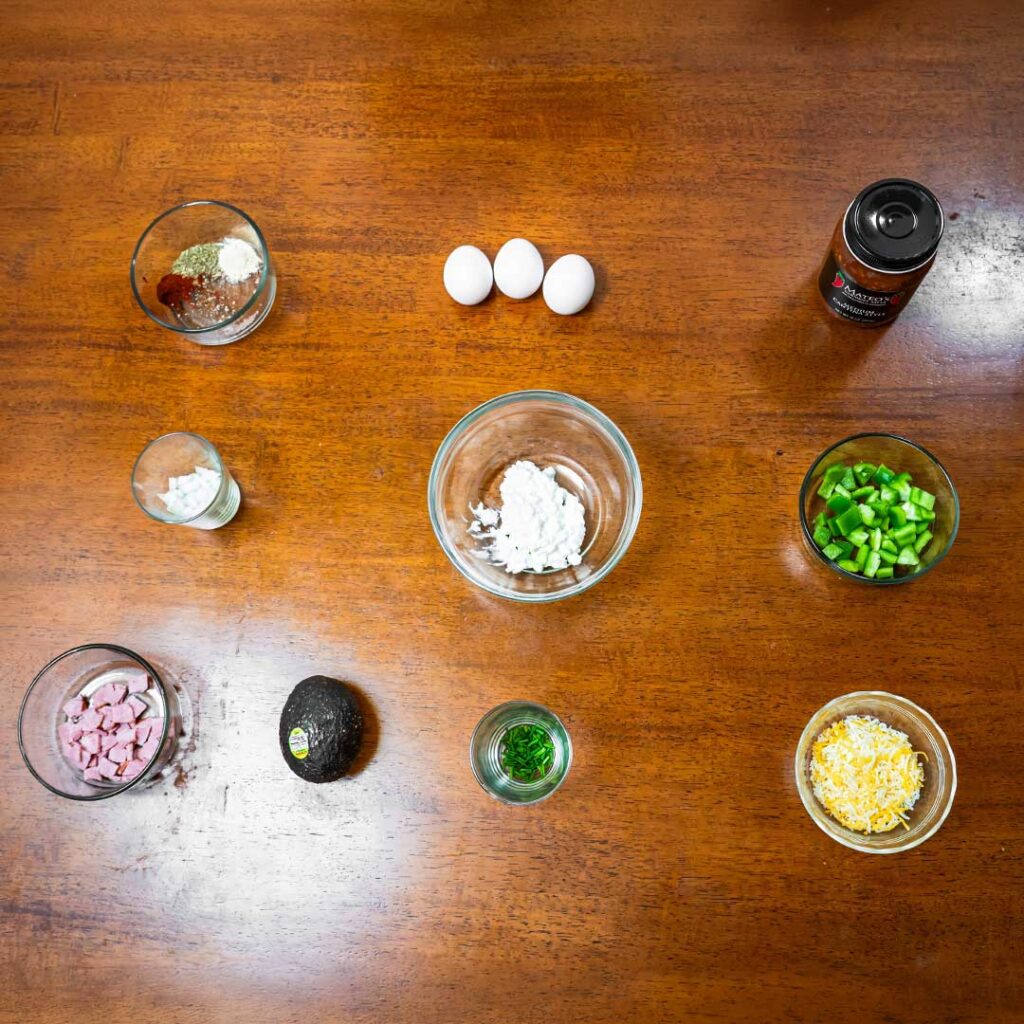 Cottage cheese omelette ingredients flat lay – eggs cottage cheese and fresh vegetables for breakfast