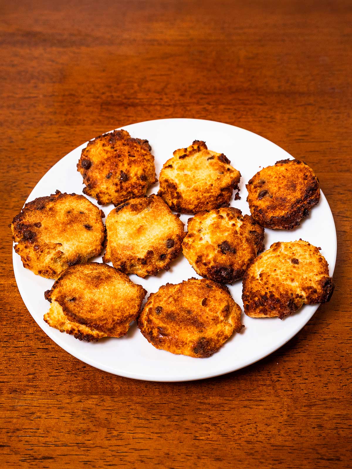 Cottage cheese protein cookies on a plate &ndash; soft high-protein baked snack with chocolate chips