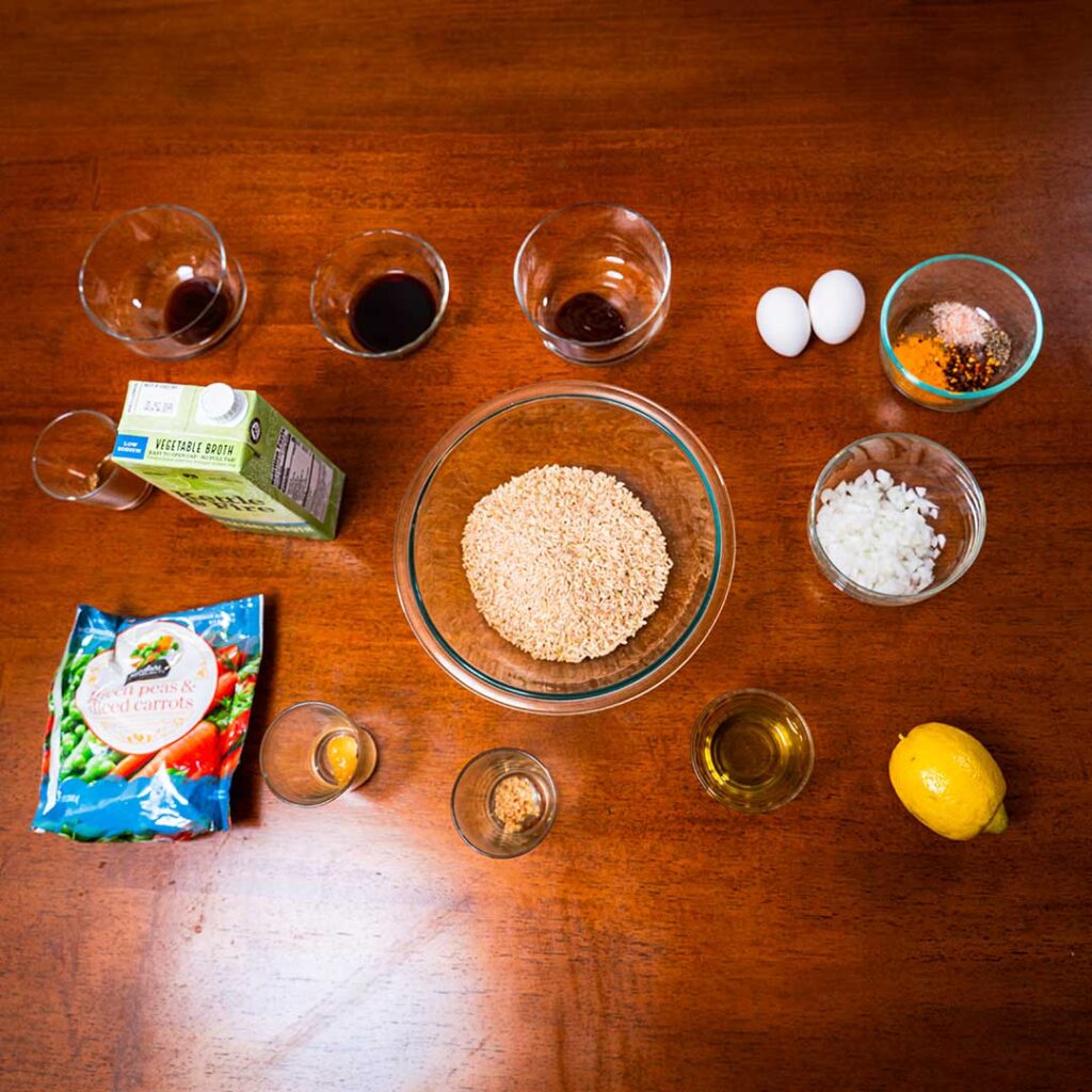Fried rice ingredients &ndash; eggs, vegetables, soy sauce for a high-protein stir fry recipe