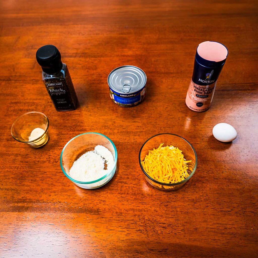 Keto canned chicken nuggets ingredients flat lay - canned chicken and seasonings