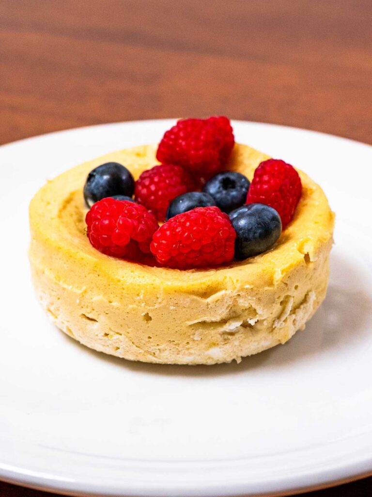 Microwave cheesecake finished in ramekin &ndash; easy high-protein single-serve dessert recipe