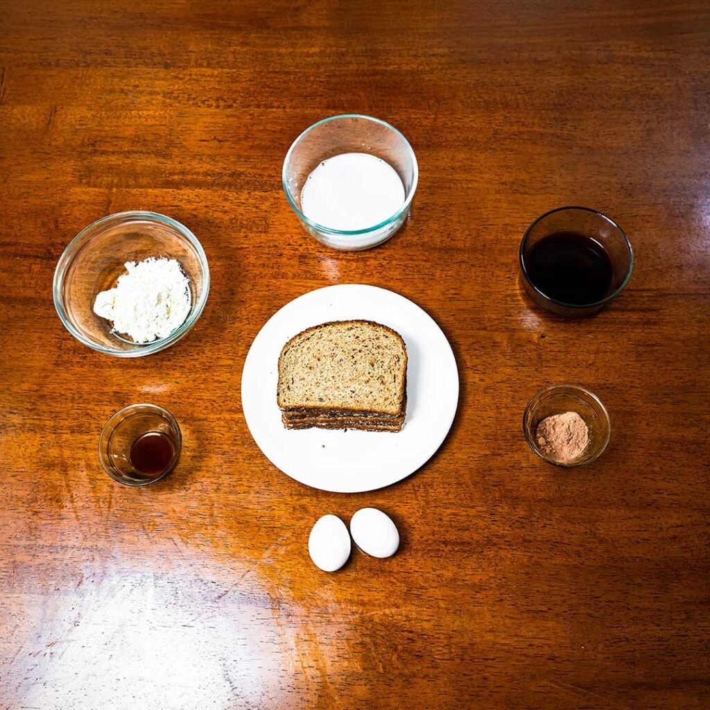 Protein coffee french toast ingredients &ndash; bread, eggs, cottage cheese, espresso for high-protein breakfast