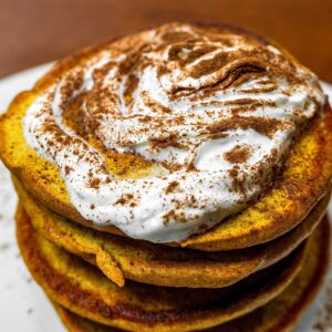 Protein pumpkin pancakes recipe card &ndash; high-protein fall breakfast