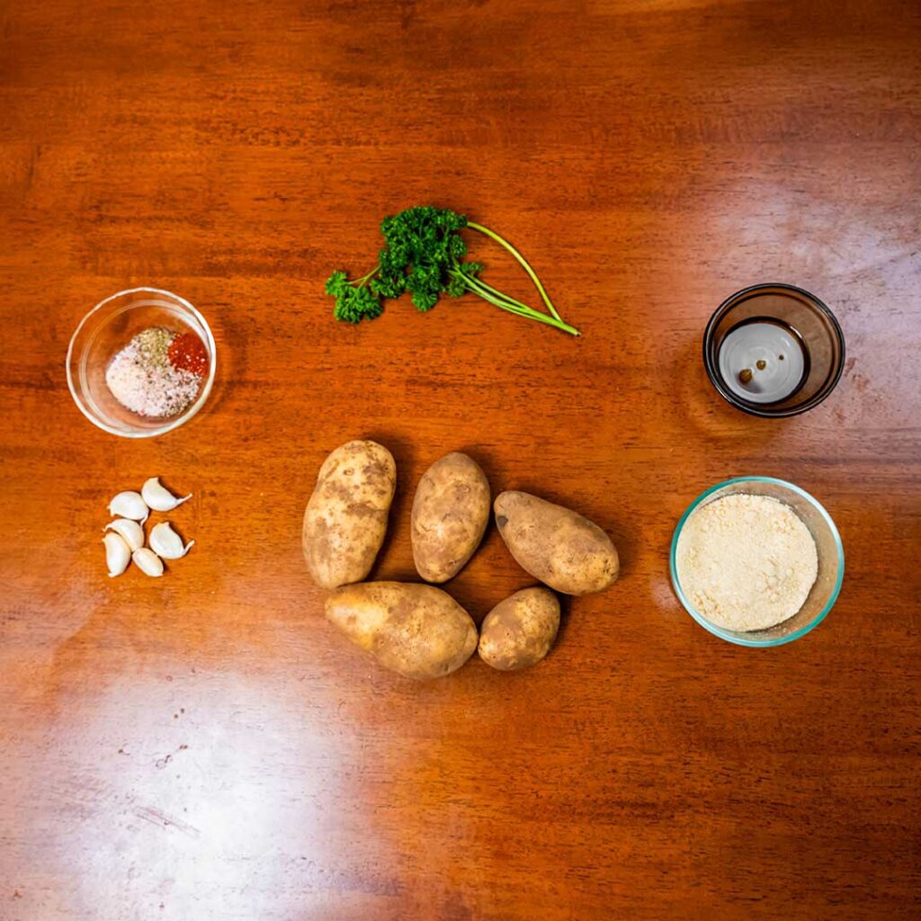 Roasted garlic parmesan potatoes ingredients &ndash; potatoes, parmesan cheese, garlic, olive oil