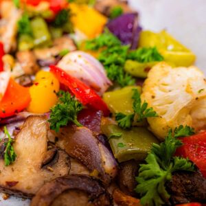Roasted vegetables recipe card &ndash; complete guide to bell peppers broccoli cauliflower and mushrooms