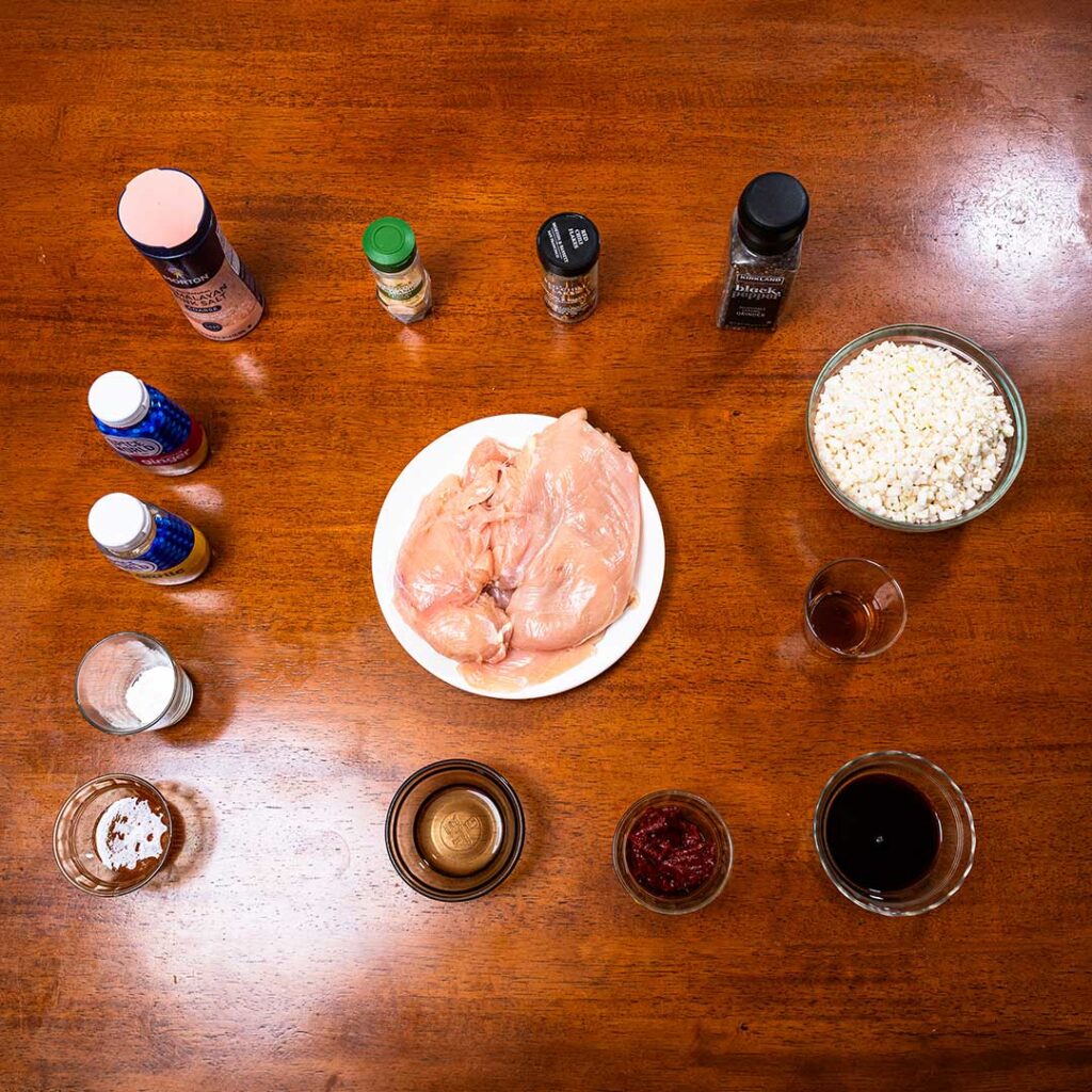 Korean chicken meal prep ingredients – chicken, soy sauce, garlic, ginger for high-protein recipe