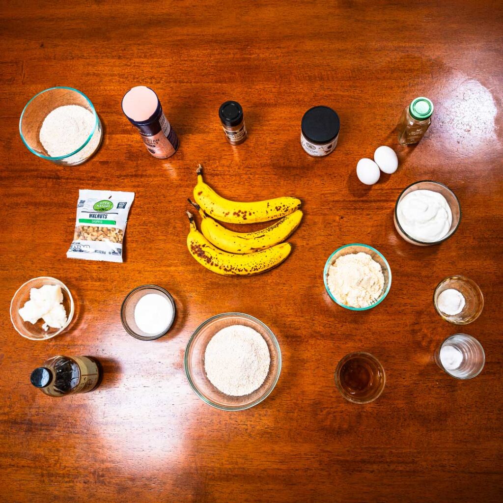 Protein banana coffee cake ingredients – banana, protein powder, eggs for high-protein breakfast recipe
