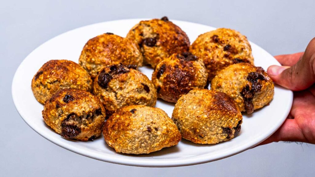 Air fryer banana bread cookies – overhead shot of cookies on a plate with toppings