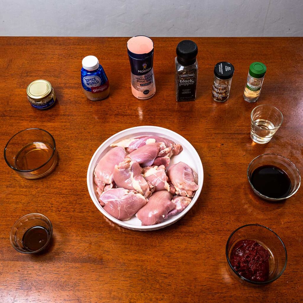 Air fryer korean chicken thighs ingredients – chicken thighs, soy sauce, ginger for air fryer recipe