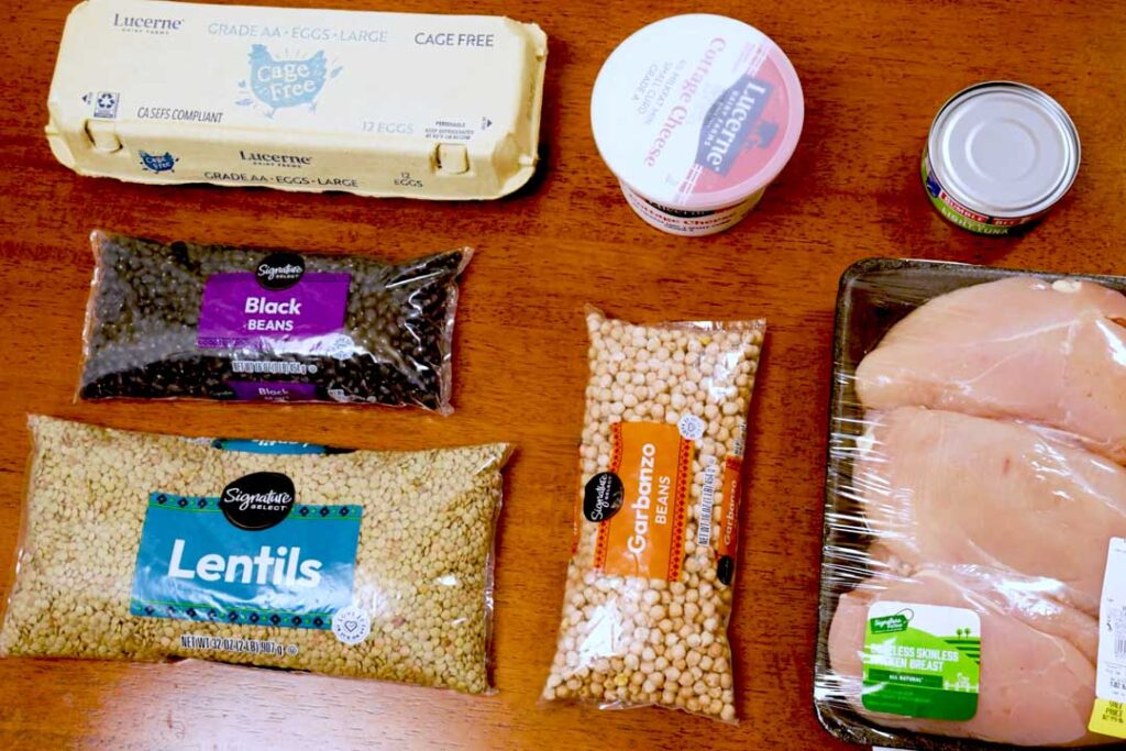 Putting together budget-friendly high-protein ingredients for a meal prep recipe