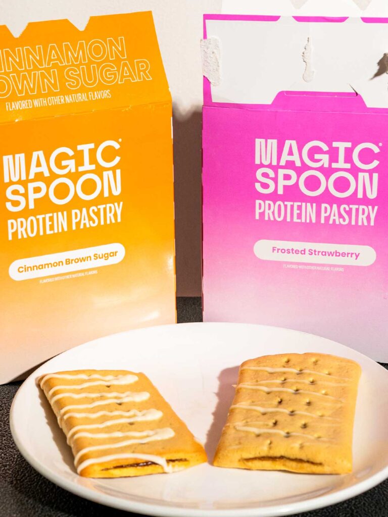 Magic Spoon Protein Pastries review &mdash; Cinnamon Brown Sugar and Frosted Strawberry flavors on a white plate