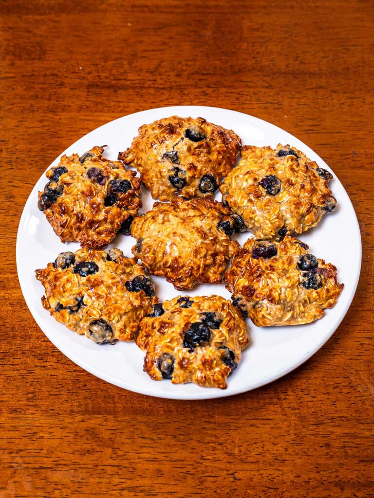 Blueberry banana oatmeal protein cookies hero shot -- baked cookies with blueberries