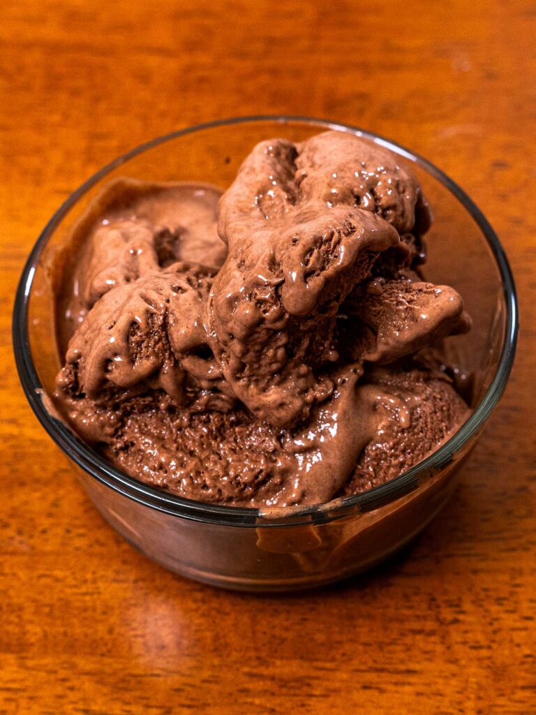 Chocolate peanut butter banana protein nice cream hero, creamy high-protein dessert with banana