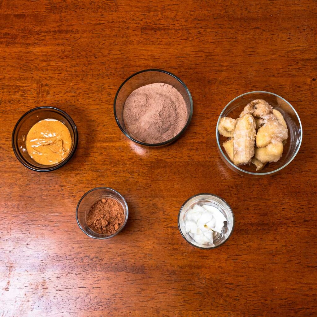 Chocolate peanut butter banana protein nice cream ingredients, banana, peanut butter, protein powder