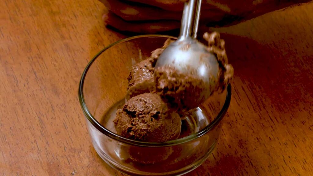Chocolate peanut butter banana protein nice cream angled shot, high-protein healthy dessert