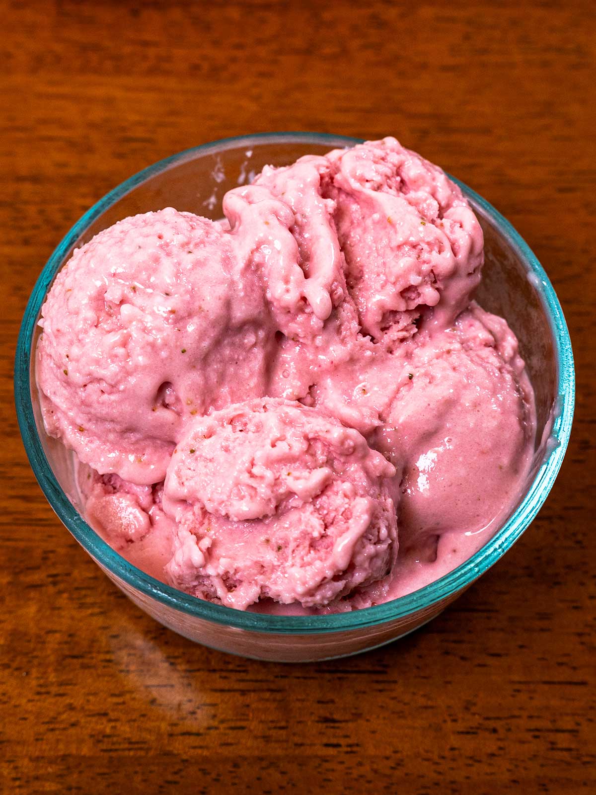 Cottage cheese strawberry ice cream hero, high-protein healthy dessert with fresh strawberries