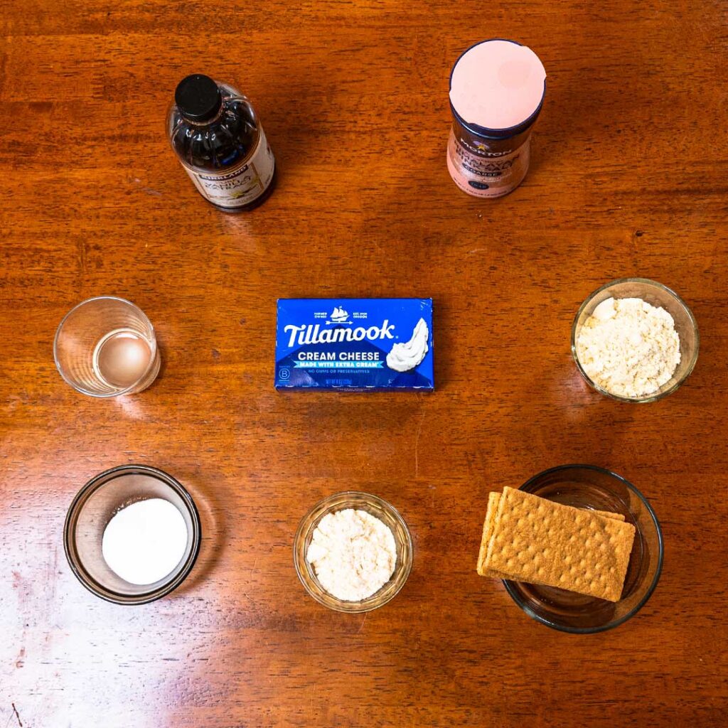 No bake protein cheesecake balls ingredients &ndash; cream cheese, graham crackers, protein powder