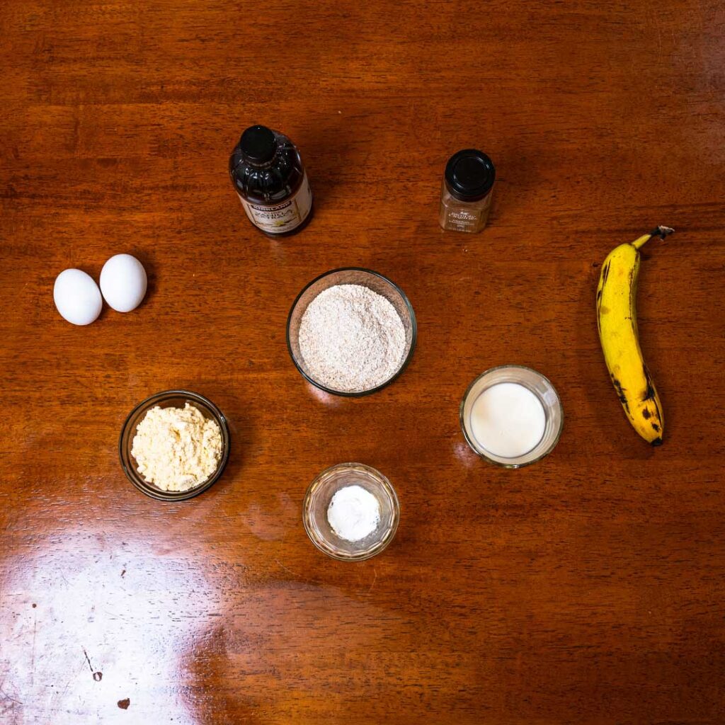 Protein waffles ingredients -- protein powder, eggs, flour, waffle batter components