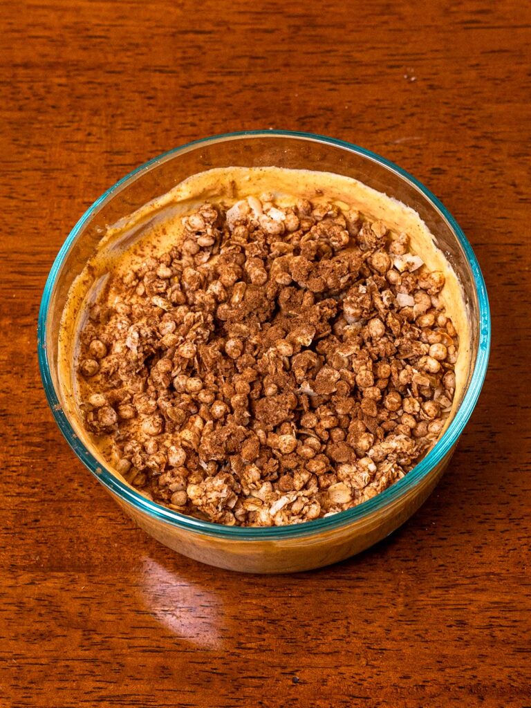 Pumpkin spice protein yogurt bowl hero shot -- Greek yogurt with pumpkin spice topping
