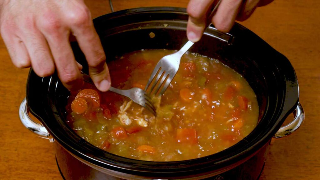 Slow cooker chicken and lentil soup angled shot &ndash; high-protein slow cooker soup with chicken and lentils