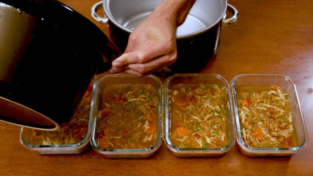 Slow cooker chicken and lentil soup flat lay &ndash; high-protein slow cooker soup with chicken and lentils