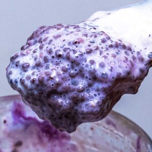 Blueberry chia seed protein pudding recipe card, high-protein breakfast nutrition facts