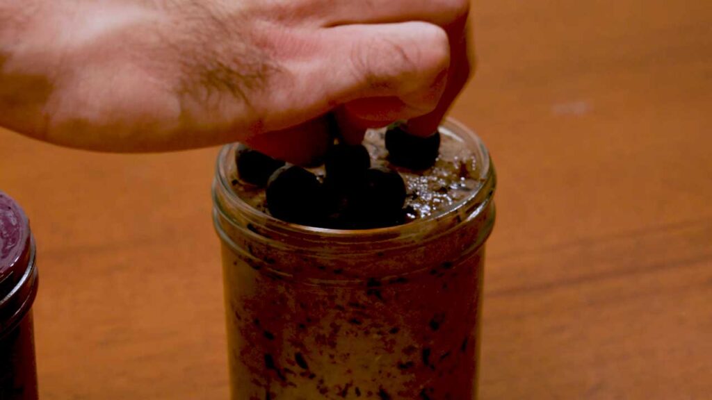 Blueberry vanilla protein smoothie prep &ndash; easy high-protein breakfast smoothie in progress
