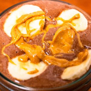 Chocolate peanut butter banana smoothie recipe card &ndash; quick high-protein smoothie