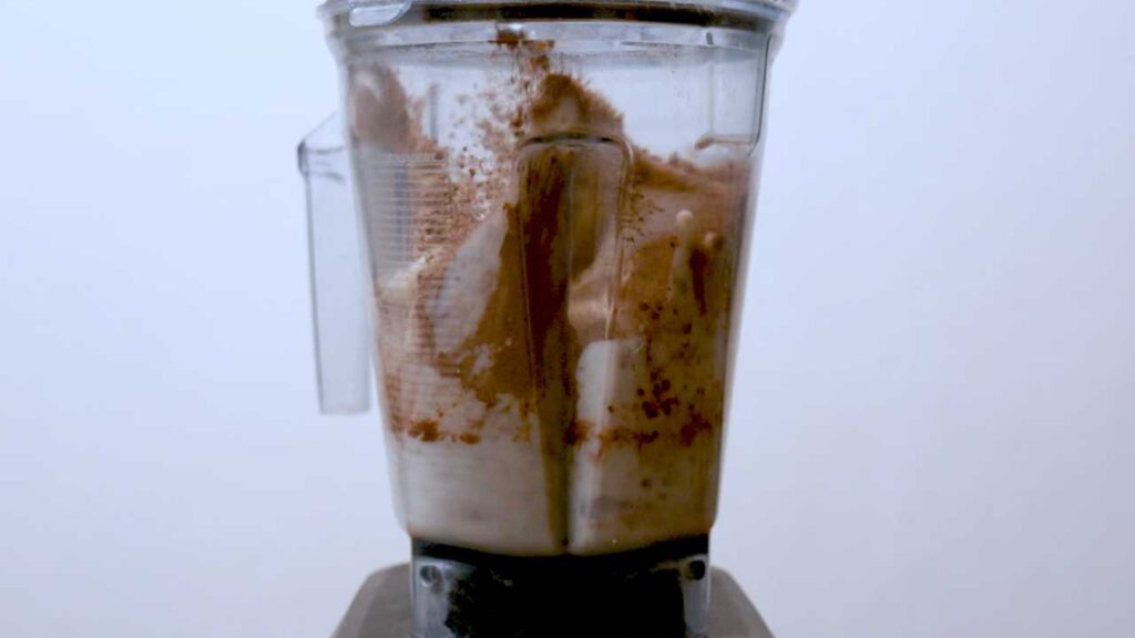 Chocolate peanut butter banana smoothie in progress &ndash; easy high-protein recipe shot