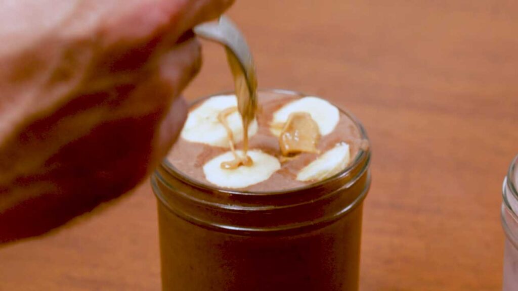 Chocolate peanut butter banana smoothie prep &ndash; high-protein breakfast smoothie in progress
