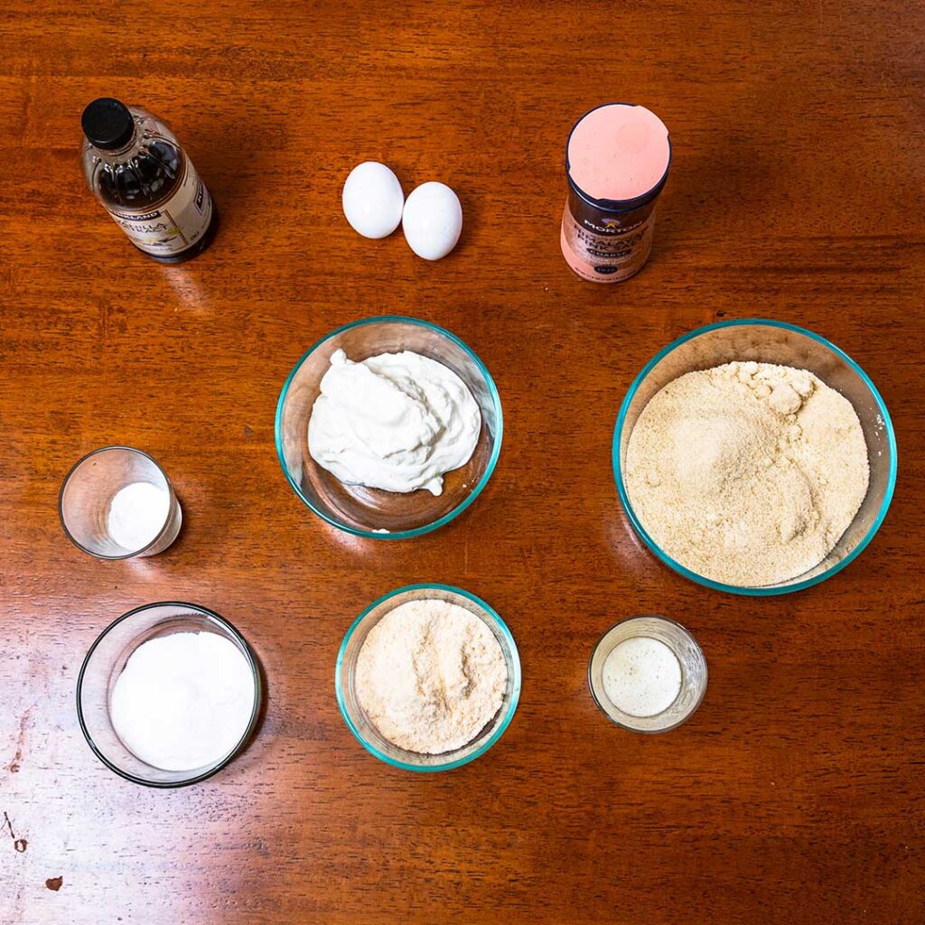 Greek yogurt scone ingredients &ndash; Greek yogurt, flour, eggs, and butter for high-protein baking