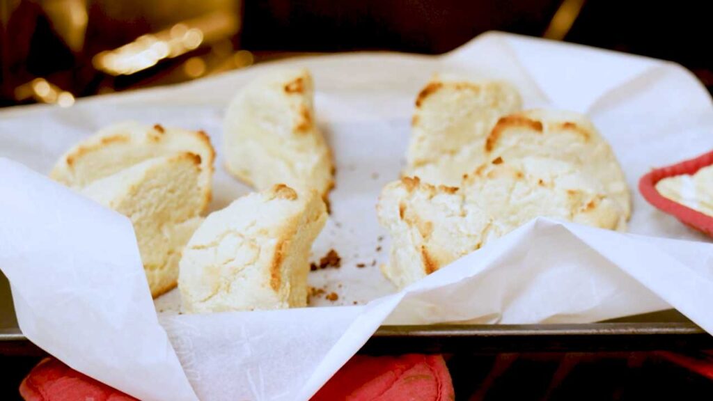 How to make Greek yogurt scones &ndash; step showing baked golden scones fresh from oven