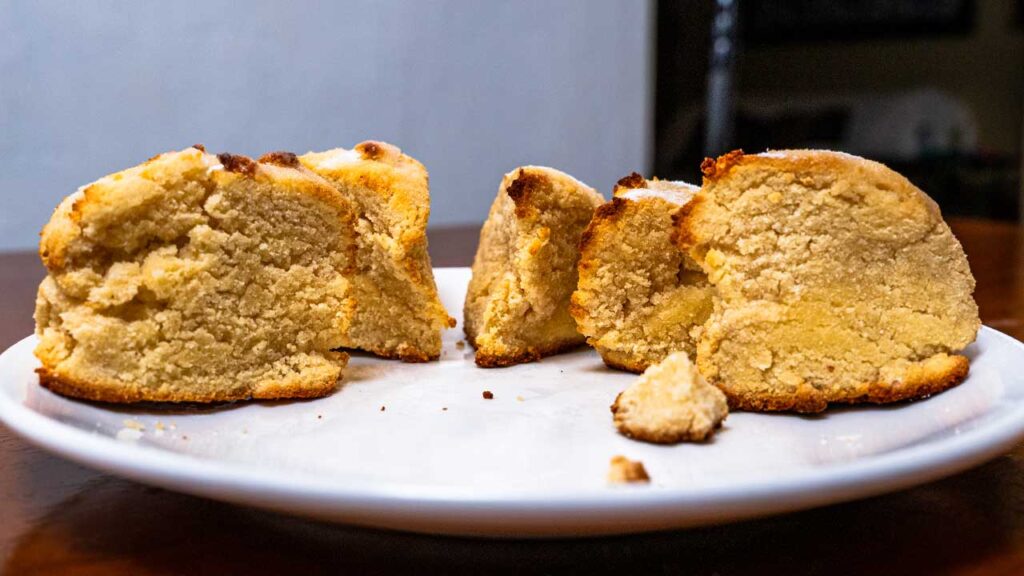 How to make Greek yogurt scones &ndash; step showing scones broken open to reveal fluffy interior