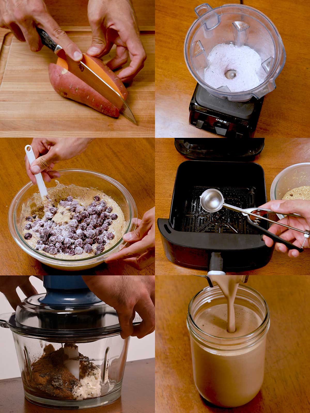 Kitchen essentials for healthy meal prep: knife, blender, air fryer, and food processor in use
