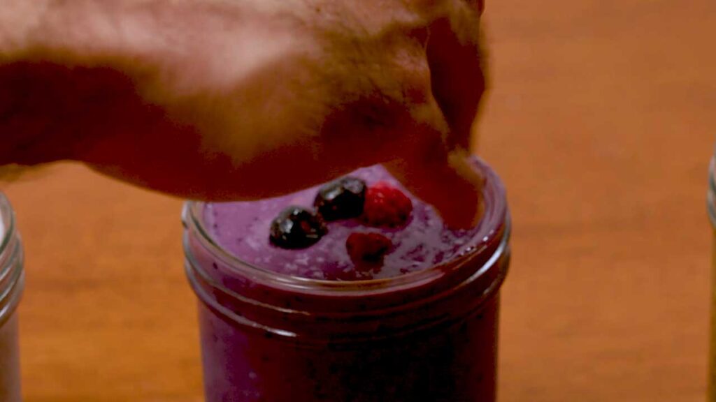 Mixed berry protein smoothie prep – easy high-protein breakfast smoothie in progress