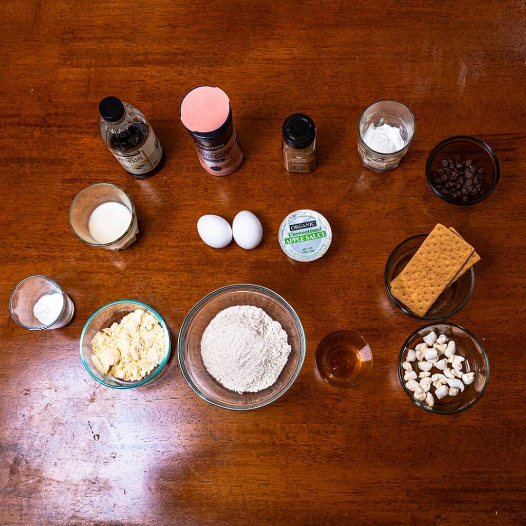 S'mores protein pancakes ingredients &ndash; protein powder, chocolate chips, and marshmallows for a high-protein recipe