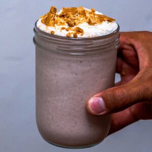 Strawberry cheesecake protein smoothie recipe card &ndash; high-protein smoothie nutrition facts