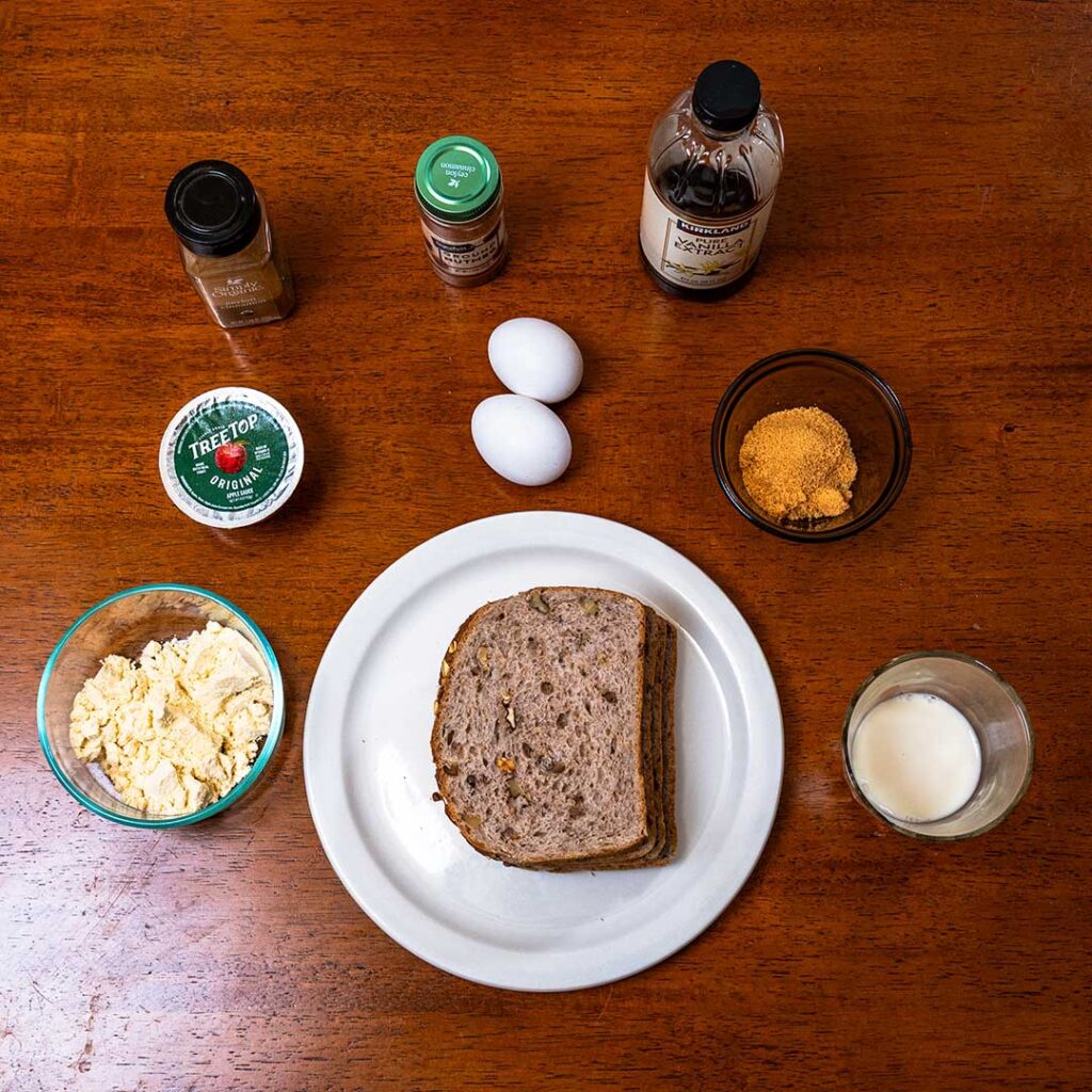 Apple cinnamon protein french toast ingredients, bread, eggs, protein powder, and cinnamon