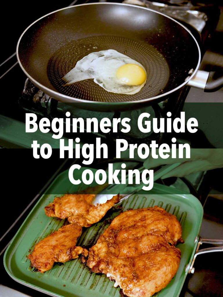 Beginners guide to high protein cooking, fried egg and seasoned chicken breast in a pan