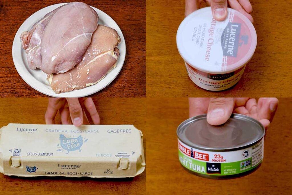 High protein ingredients: raw chicken breast, cottage cheese, eggs, and canned tuna