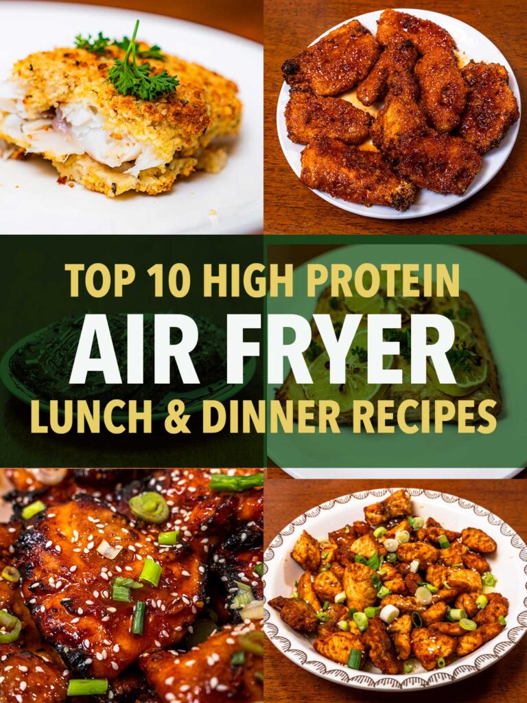 Top 10 high protein air fryer lunch and dinner recipes, a five dish collage