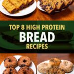 High protein bread recipes, banana bread, blueberry bread, and mini bagels on a hub hero collage