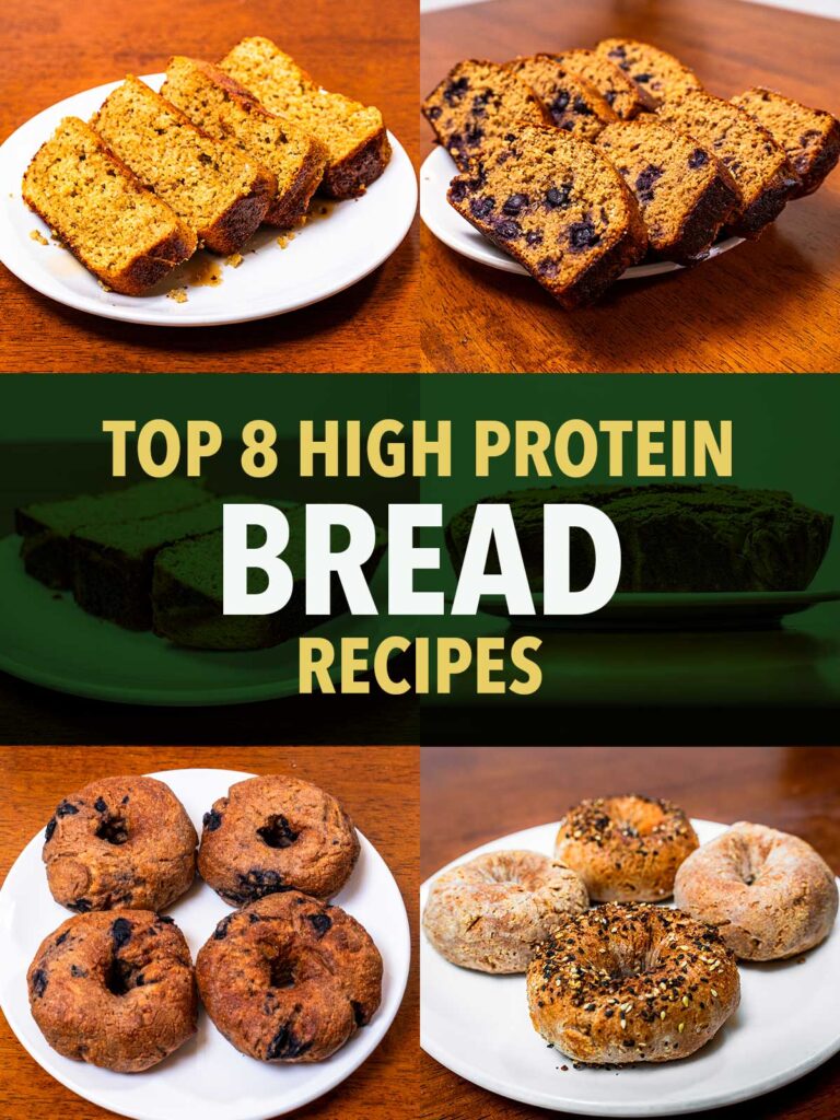 High protein bread recipes, banana bread, blueberry bread, and mini bagels on a hub hero collage